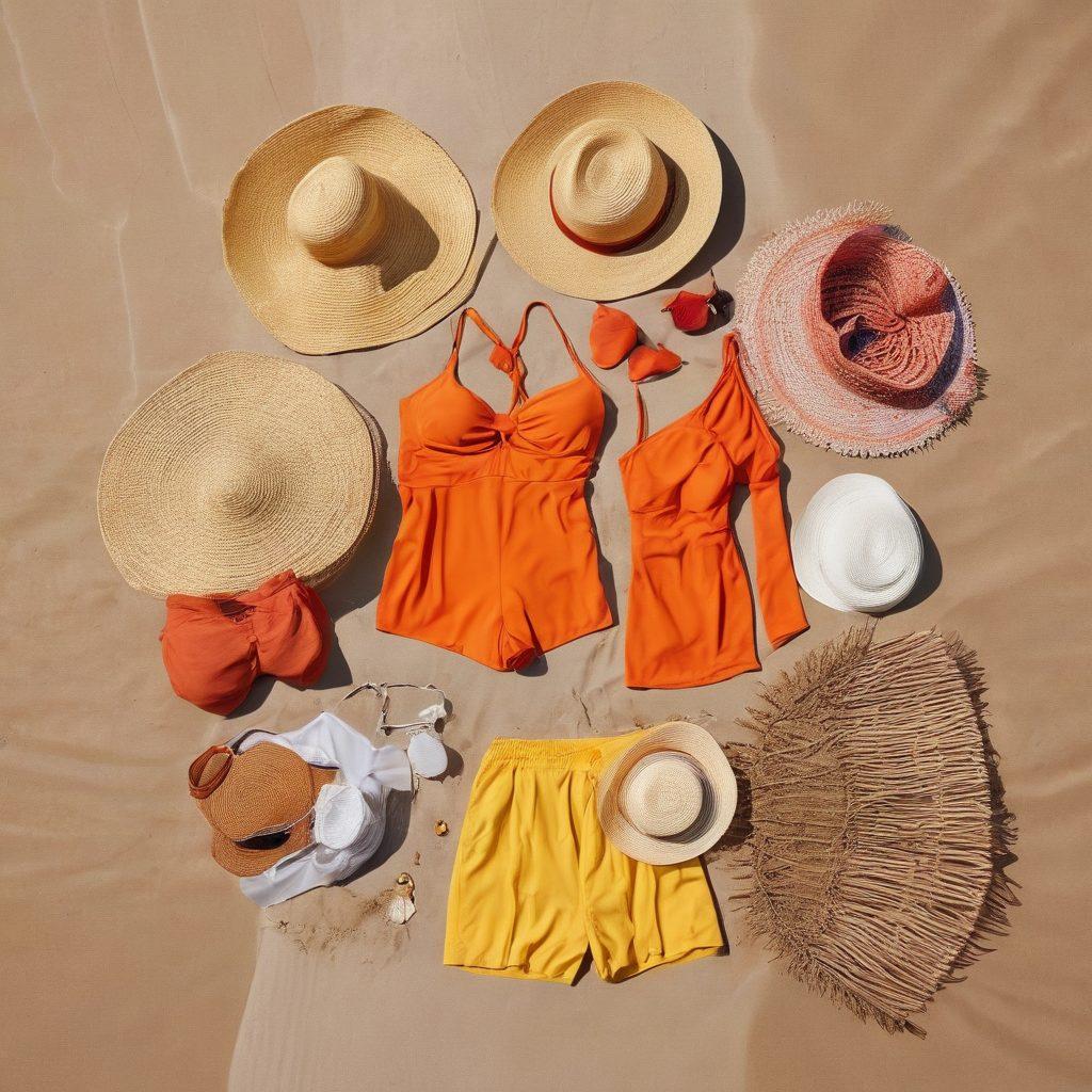 An assortment of vibrant, eco-friendly beachwear displayed on a sandy beach, showcasing diverse body types wearing stylish swimsuits made of sustainable materials. The scene captures the sun setting over the ocean with playful waves, while beach accessories like straw hats and beach bags made of recyclable materials complement the outfits. The overall ambiance is joyful and inclusive, inviting viewers to embrace sustainable fashion. super-realistic. vibrant colors. golden hour lighting.